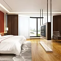 Modern Hotel Room Interior With Red Walls White Headboard Decorative Painting And River View Windows