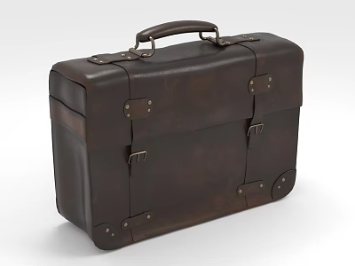 Brown Genuine Leather Suitcase With Sturdy Handle Metal Buckles And Straps 3d model