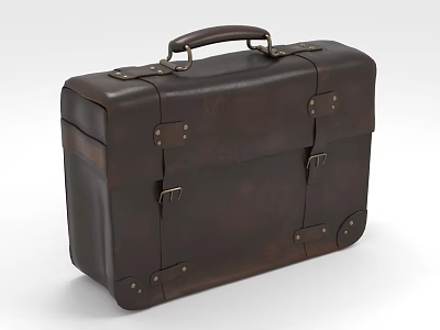 Brown Genuine Leather Suitcase With Sturdy Handle Metal Buckles And Straps 3d model