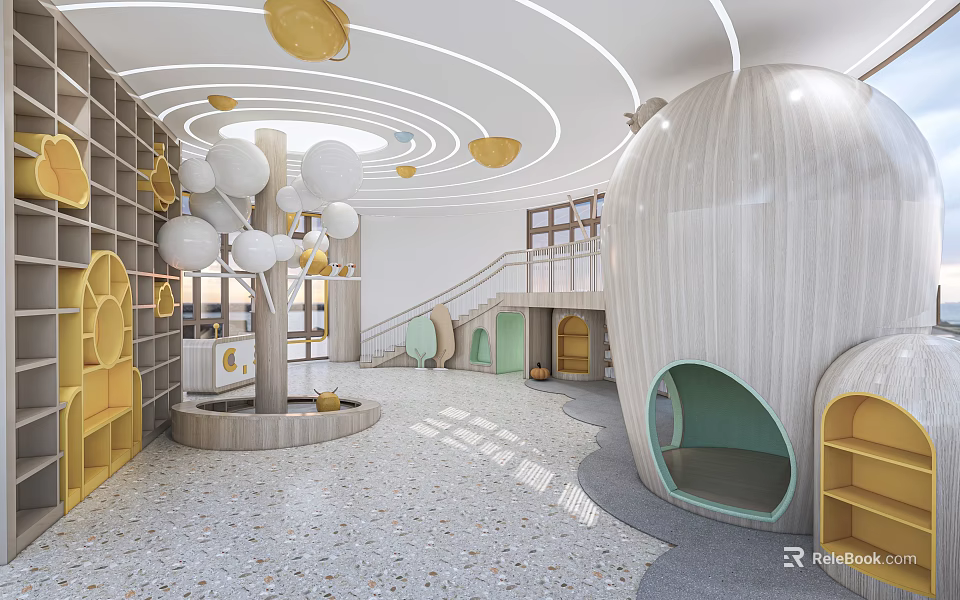 Modern Kindergarten Interior Design With Circular Ceiling Decorations Egg Shaped Structure And Yellow Bookshelves 3d model 