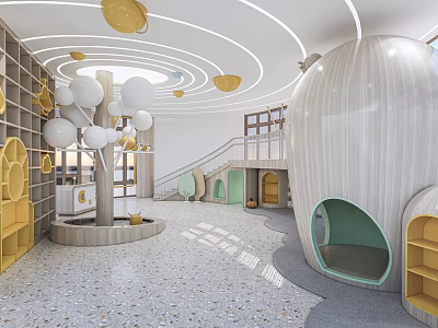 Modern Kindergarten Interior Design With Circular Ceiling Decorations Egg Shaped Structure And Yellow Bookshelves 3d model