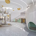 Modern Kindergarten Interior Design With Circular Ceiling Decorations Egg Shaped Structure And Yellow Bookshelves