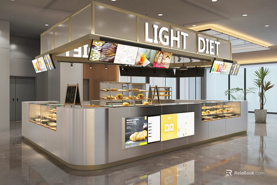 Light Diet Dessert Shop Bright Interior With Glass Display Cases Fresh Bread And Screen Ads 3d model 