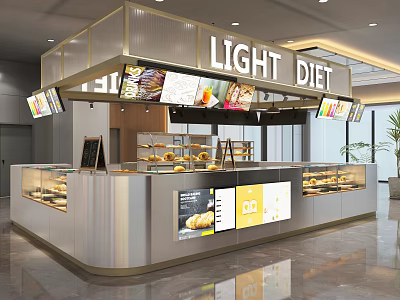 Light Diet Dessert Shop Bright Interior With Glass Display Cases Fresh Bread And Screen Ads 3d model