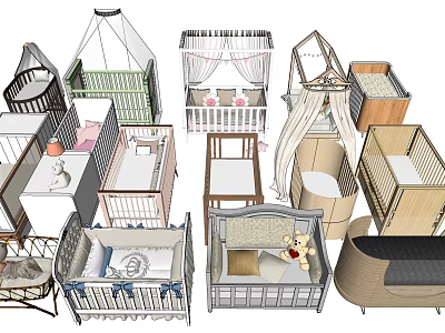 Stylish Baby Cribs In Various Designs With Canopy And Wooden Frames 3d model
