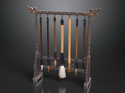 Traditional Wooden Brush Rack With Carved Design And Hanging Brushes 3d model
