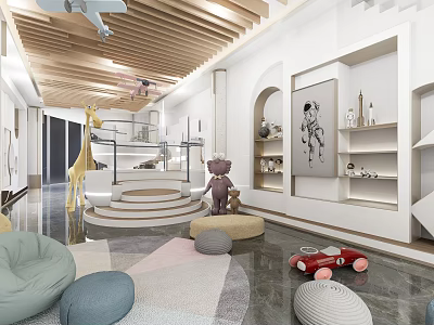 Vibrant Kids Playroom Interior Design With Bean Bags Toy Car And Wooden Ceiling 3d model