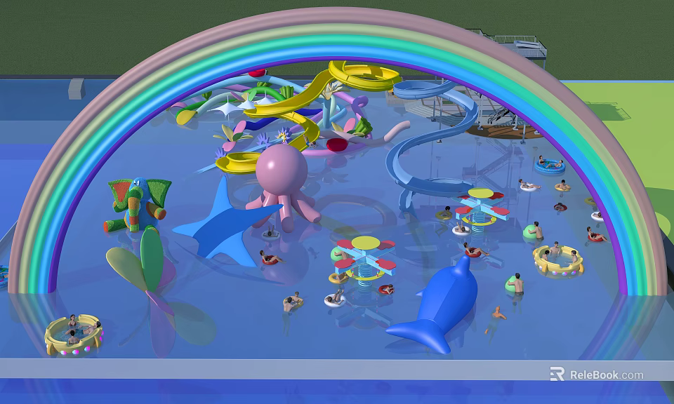 Colorful Water Playground Equipment With Rainbow Arch Slides And Ocean Themed Decorations 3d model 