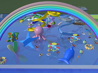 Colorful Water Playground Equipment With Rainbow Arch Slides And Ocean Themed Decorations 3d model