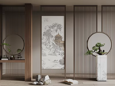 Chinese Style Interior Room Divider With Wooden Frame Landscape Painting Round Mirror And Potted Plant 3d model
