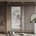 Chinese Style Interior Room Divider With Wooden Frame Landscape Painting Round Mirror And Potted Plant