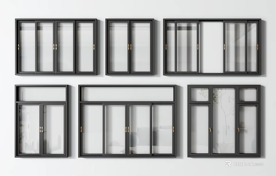 Modern Black Framed Windows with Various Glass Pane Designs and Styles 3d model