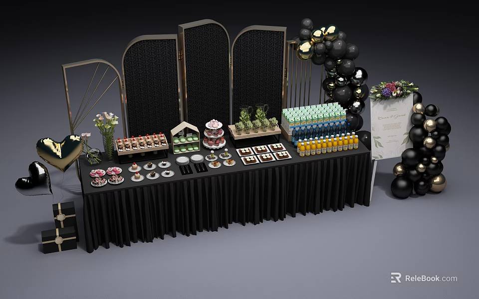 Assorted Desserts Beverages On Display Shelf With Black Screens And Balloon Decorations 3d model 