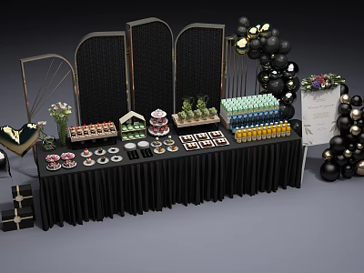 Assorted Desserts Beverages On Display Shelf With Black Screens And Balloon Decorations 3d model