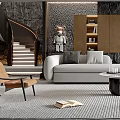 Modern Living Room Interior Design Featuring Stone Wall Bookshelf L shaped Sofa And Coffee Table