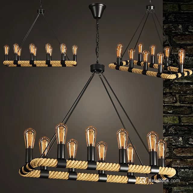 Unique Shaped Chandelier With Rope Detailing Vintage Bulbs And Metal Frame 3d model 