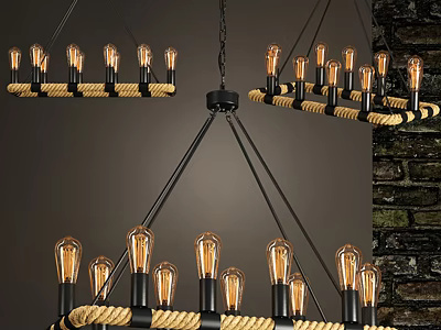 Unique Shaped Chandelier With Rope Detailing Vintage Bulbs And Metal Frame 3d model