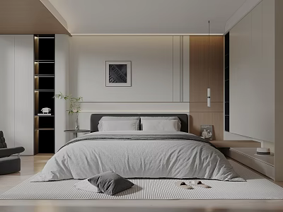 Modern Bedroom Interior With Gray Bedding Nightstand Wall Art And Storage Cabinets 3d model