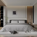 Modern Bedroom Interior With Gray Bedding Nightstand Wall Art And Storage Cabinets