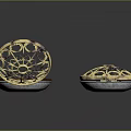 Decorative Circular Ornaments With Gold Chains Intricate Patterns And Wooden Base