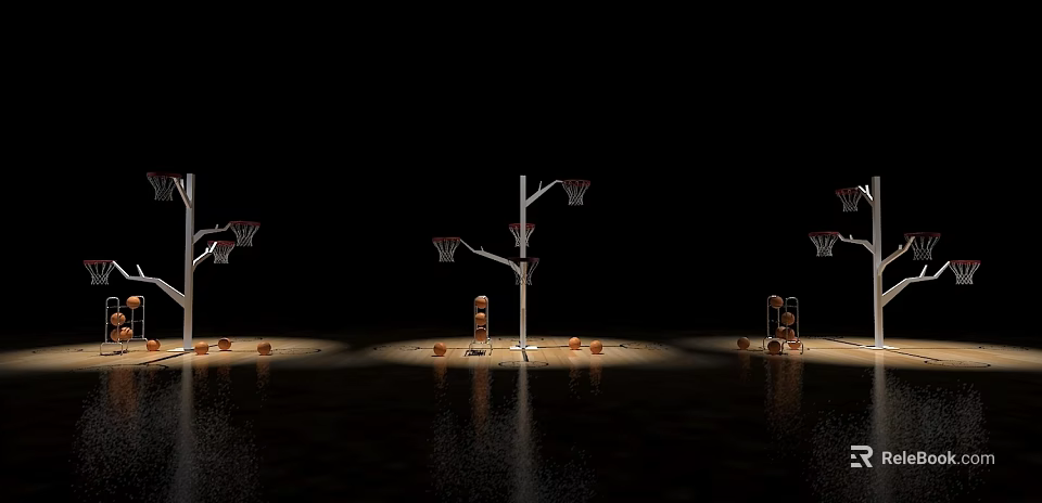 Professional Sports Equipment Display With Multiple Basketball Hoops And Balls On Shiny Court 3d model 