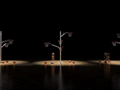 Professional Sports Equipment Display With Multiple Basketball Hoops And Balls On Shiny Court 3d model