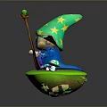 Cartoon Wizard With Green Star Hat Magic Wand Blue Robe Green Base And Small Mushrooms