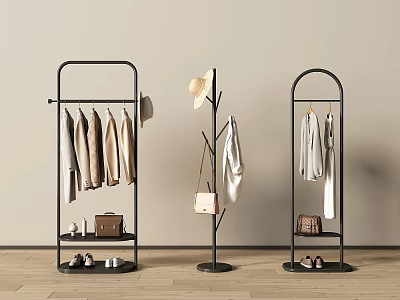Black Metal Clothes Racks With Tree Shaped Design Hanging Coats Hats Bags And Shoes 3d model