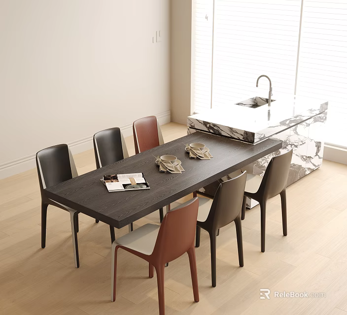 Modern Open Kitchen Dining Table And Chairs With Mixed Color Seats Napkins And Magazines 3d model 