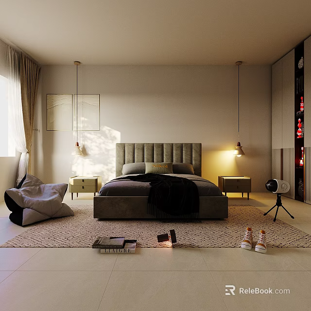 Cozy Bedroom Interior With Grey Headboard Black Blanket Nightstand Pendant Lights Rug Books And Shoes 3d model 