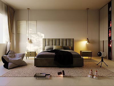 Cozy Bedroom Interior With Grey Headboard Black Blanket Nightstand Pendant Lights Rug Books And Shoes 3d model