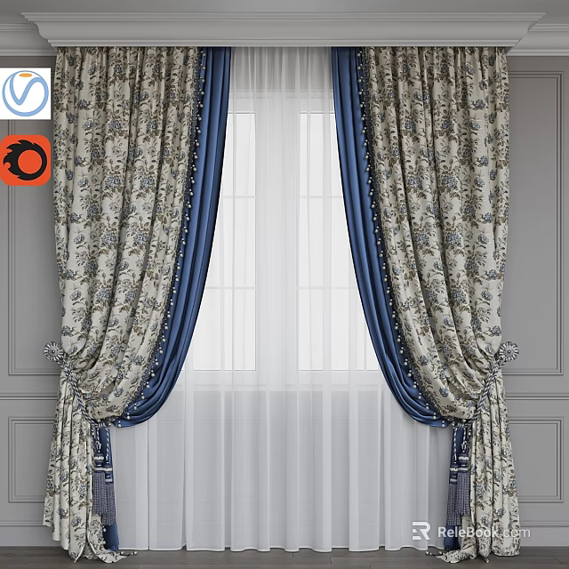 Elegant Floral Pattern Curtains With Blue Trim And White Sheer Layers 3d model 