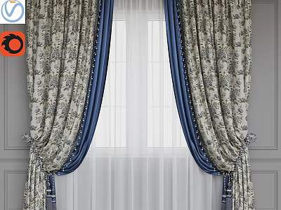 Elegant Floral Pattern Curtains With Blue Trim And White Sheer Layers 3d model