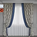 Elegant Floral Pattern Curtains With Blue Trim And White Sheer Layers 3d model