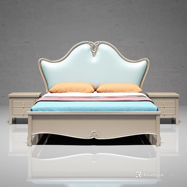 Elegant Double Bed With Light Blue Curved Headboard Orange Pillows And Bedside Tables 3d model