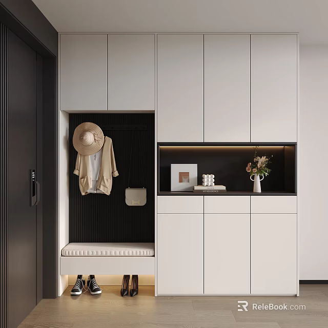 Modern Entryway Cabinet Sideboard Design With Bench Hooks Storage And Decorative Details 3d model 