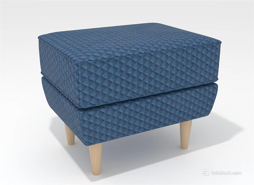 Blue Diamond Patterned Ottoman With Light Wooden Legs And Square Design 3d model 