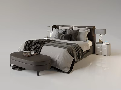 Modern Double Bed in Contemporary Bedroom With Bedside Lamps Nightstands Ottoman Cozy Gray White Bedding 3d model