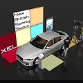 Modern Colorful Display Shelves With White British Sporty Sedan XEL Car Showcase