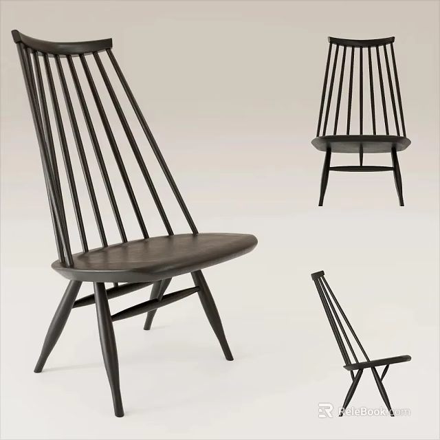 Modern Black Wooden Leisure Chair With Slat Back Design Displayed In Multiple Angles 3d model 