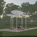 Modern Butterfly Shaped Pergola With White Canopy Curved Brown Seats And Green Park Setting
