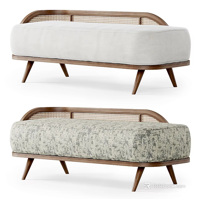 Modern Sofa Bench With Wooden Legs Light Fabric Rattan Backrest And Patterned Upholstery 3d model 