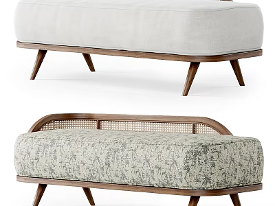 Modern Sofa Bench With Wooden Legs Light Fabric Rattan Backrest And Patterned Upholstery 3d model