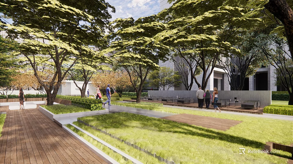 Pergola Structure In Urban Park With Green Trees Lawn And Wooden Pathway 3d model 