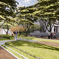 Pergola Structure In Urban Park With Green Trees Lawn And Wooden Pathway