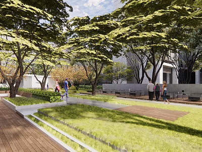 Pergola Structure In Urban Park With Green Trees Lawn And Wooden Pathway 3d model