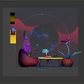 Vibrant 3D Cartoon Scene With Curved Shapes Purple Bottle Round Cushion And Red Plant