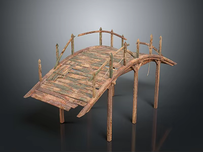 Handmade Wooden Small Bridge Model Structure with Railings and Planks 3d model