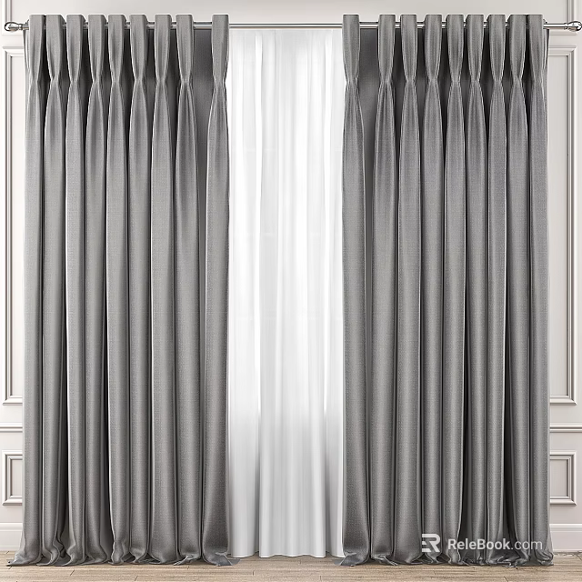 Gray Pleated Curtains With White Sheer Panels For Window Decoration 3d model 