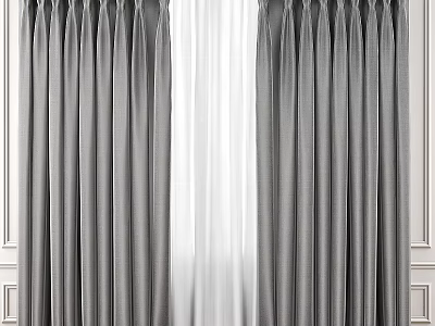 Gray Pleated Curtains With White Sheer Panels For Window Decoration 3d model